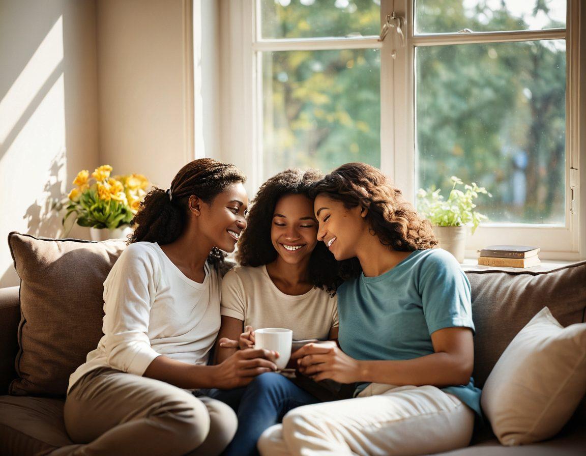A warm, inviting scene showcasing a couple sitting closely together on a cozy couch, sharing a heartfelt moment with books and a cup of tea. Soft sunlight filters through a window, illuminating their smiles, surrounded by gentle decor symbolizing love like heart-shaped cushions and photo frames. The atmosphere radiates warmth and intimacy, emphasizing connection and affection. super-realistic. vibrant colors. soft focus.