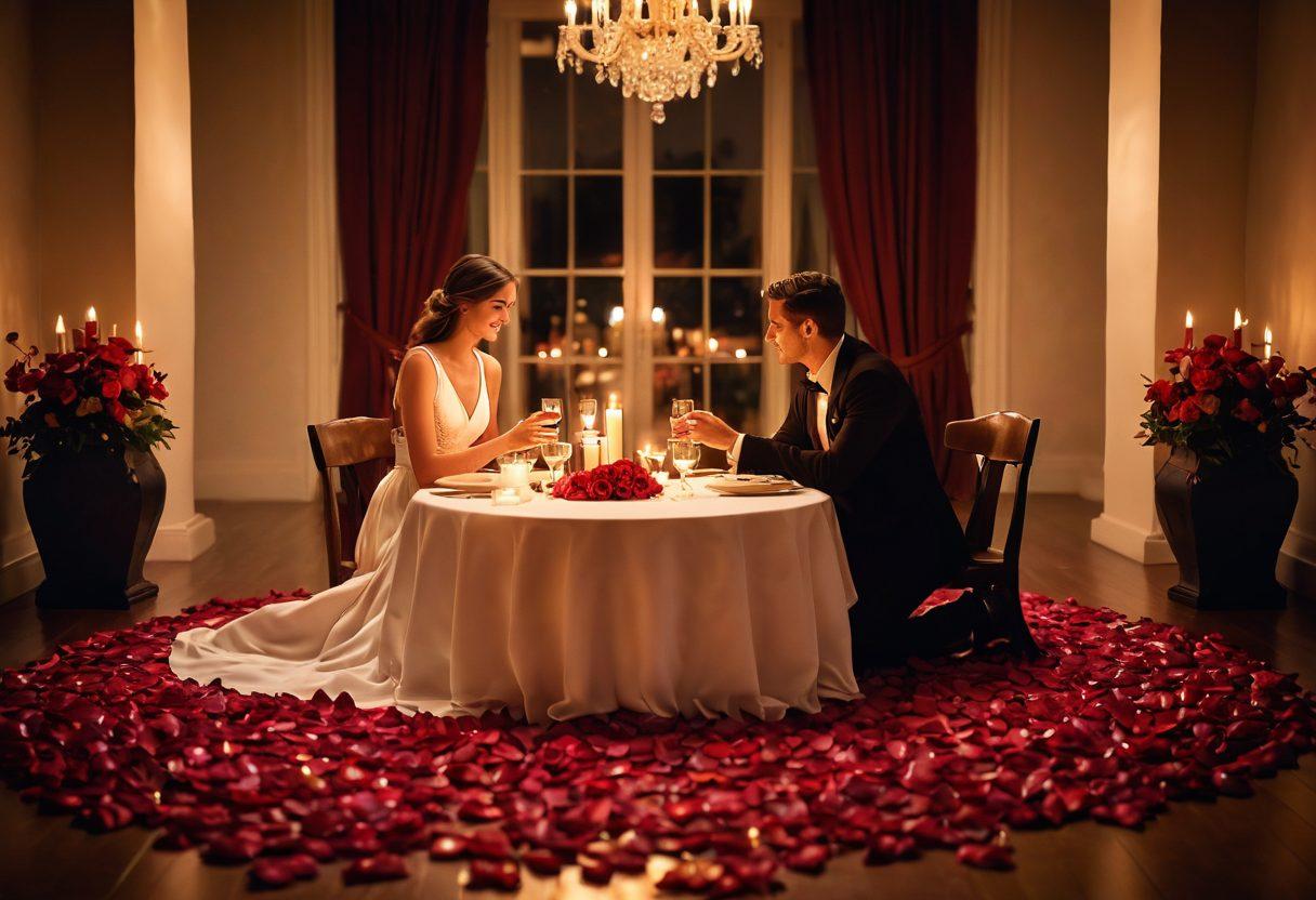 A couple sharing a tender moment under the soft glow of candlelight, surrounded by rose petals and a beautifully set dinner table. The ambiance radiates warmth and intimacy, conveying deep affection. Include subtle hints of fireworks in the background symbolizing passion and celebration. Emphasize cozy colors like deep reds and soft golds. super-realistic. vibrant colors. romantic atmosphere.